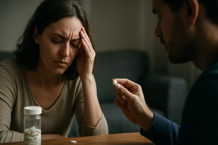 Žena trpiaca bolom s tabletou v ruke a starostlivým mužom