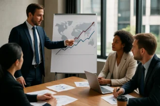 Prezentácia o hospodárskom raste s grafmi a odborníkmi diskutujúcimi.