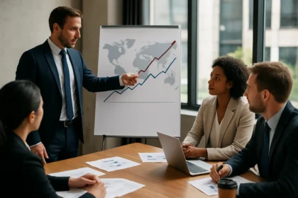 Prezentácia o hospodárskom raste s grafmi a odborníkmi diskutujúcimi.