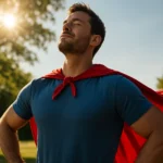 Muž v modrom tričku so červeným plášťom spokojne stojí na slnku.