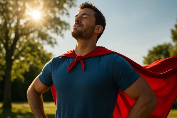 Muž v modrom tričku so červeným plášťom spokojne stojí na slnku.