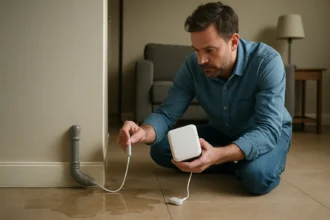 Muž inštaluje zariadenie Hydrocontrol na detekciu vodných škôd.