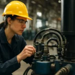 Žena s ochrannou prácou nastavuje hydrostatický pohon v priemyselnom prostredí.