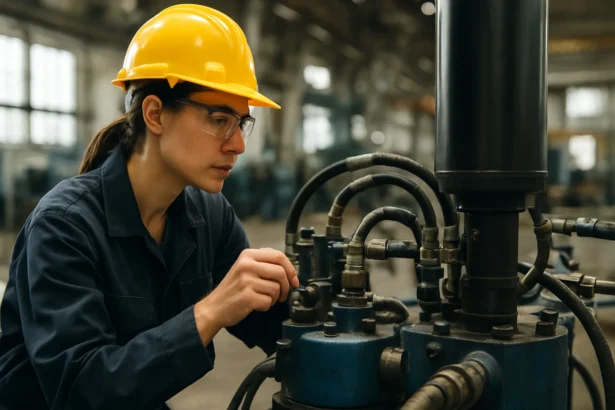 Žena s ochrannou prácou nastavuje hydrostatický pohon v priemyselnom prostredí.