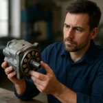 Muži skúma axiálne piestové čerpadlo v dielni.