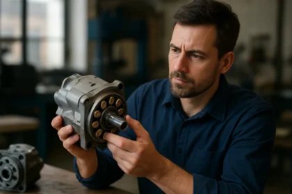 Muži skúma axiálne piestové čerpadlo v dielni.