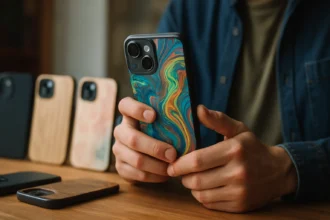 Osoba drži farebný obal na iPhone 16 s jedinečným vzorom.