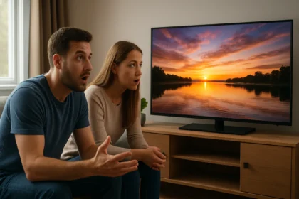 Pár sledujúci LED TV s úžasným obrazom západu slnka