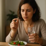 Žena drží tabletku a pohár vody pri jedle so zeleninou.