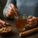 Rukou míchajúci čaj z rebarborového koreňa s kocou z byliny