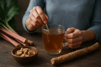 Rukou míchajúci čaj z rebarborového koreňa s kocou z byliny