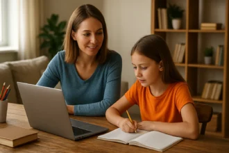 Matka a dcéra sa učia prostredníctvom domáceho učenia pri počítači.