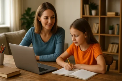 Matka a dcéra sa učia prostredníctvom domáceho učenia pri počítači.