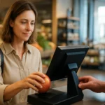 Žena platí za jablko v obchode s optickým senzorom