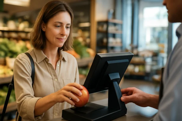 Žena platí za jablko v obchode s optickým senzorom