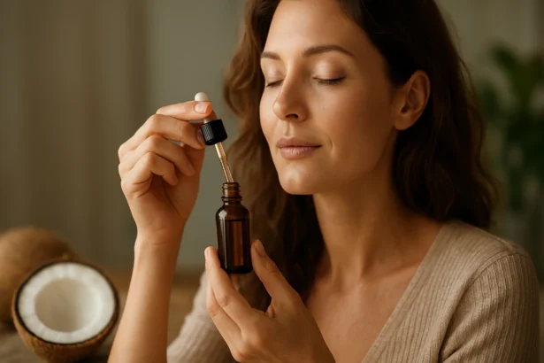 Žena používajúca kokosový olej na pleť