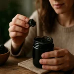 Žena drží Shilajit nad skleneným pohárom s ďalšími kúskami.