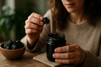 Žena drží Shilajit nad skleneným pohárom s ďalšími kúskami.