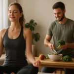 Žena praktizuje meditáciu, zatiaľ čo muž pripravuje zdravé jedlo v domácom prostredí.