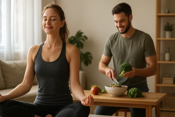 Žena praktizuje meditáciu, zatiaľ čo muž pripravuje zdravé jedlo v domácom prostredí.