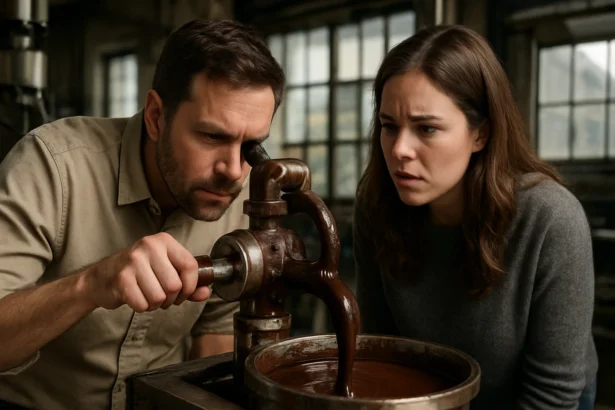 Muži a žena skúmajú efektivitu čokoládového čerpadla