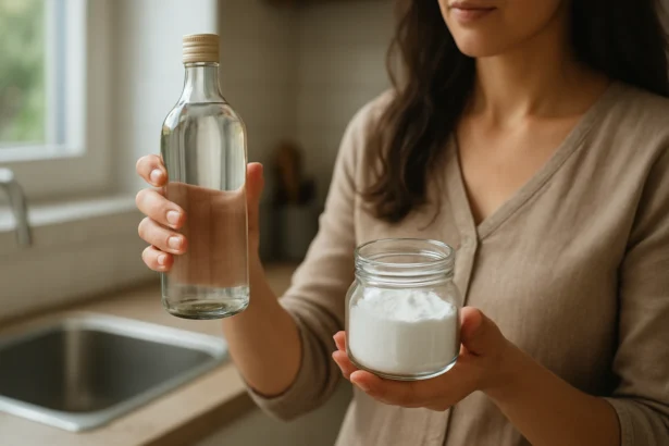 Žena s fľašou octu a pohárom jedlej sódy v kuchyni
