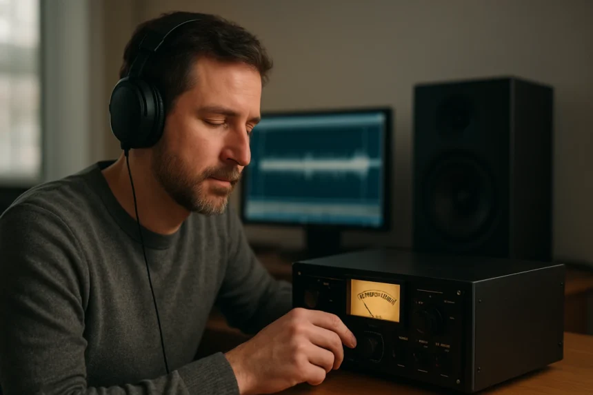 Muž s slúchadlami nastavuje audio zariadenie pre kvalitnejší zvuk