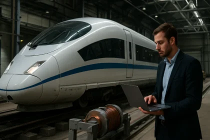 Muž s laptopom pred moderným vlakom s elektromagnetickým pohonom.