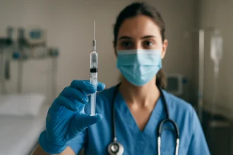 Zdravotná sestra drží injekčnú striekačku v sterilnom prostredí.