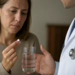 Žena zváži užitie aspirínu s pohárom vody a lekárom