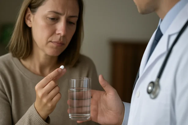 Žena zváži užitie aspirínu s pohárom vody a lekárom