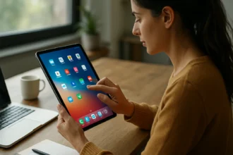 Žena používajúca tablet pri práci na stole s notebookom