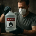 Muž s rúškom a rukavicami drží fľašu s nebezpečenstvom - nitro riedidlo.