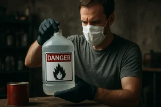 Muž s rúškom a rukavicami drží fľašu s nebezpečenstvom - nitro riedidlo.