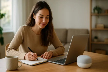 Žena pracuje na notebooku s Google Home na stole