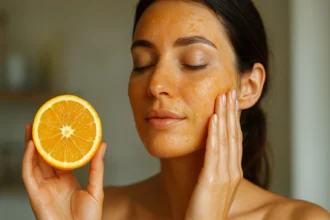 Žena s pomarančovou maskou na tvári držiaca polovičný pomaranč