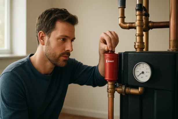 Muž nastavuje automatický odvzdušňovač Flamco na vykurovacom systéme.