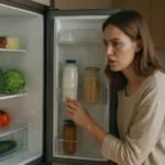 Žena kontroluje obsah chladničky s čerstvými potravinami.
