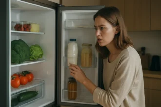 Žena kontroluje obsah chladničky s čerstvými potravinami.