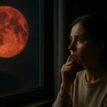 Žena pozerajúca na krvavý mesiac cez okno.