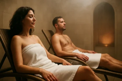 Dvojica relaxuje v tepidáriu, uvoľnení a šťastní.