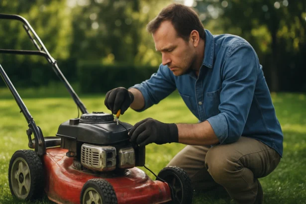 Muž kontroluje kosačku na trávniku pre dlhšiu životnosť.