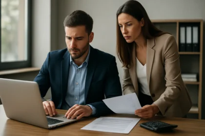 Dve osoby skúmajú dokumenty pri počítači v kancelárii.