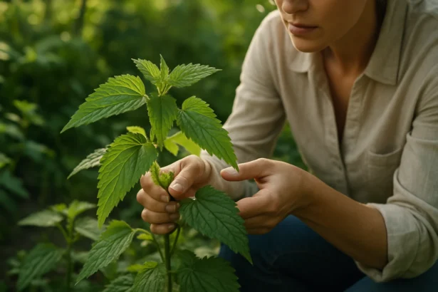 Žena skúma žihľavové listy v záhrade, prospešné pre rastliny.