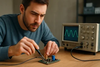 Muž pracuje na elektronickej doske s osciloskopom v pozadí.