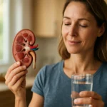 Žena drží model obličky a pohár vody, symbolizujúci zdravie obličiek.