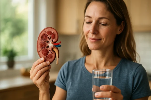 Žena drží model obličky a pohár vody, symbolizujúci zdravie obličiek.