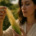 Žena skúma kukuričný hodváb v prírodnom prostredí.