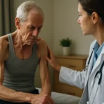 Starší muž trpí svalovou atrofiou, diskutuje s lekárom.