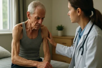Starší muž trpí svalovou atrofiou, diskutuje s lekárom.